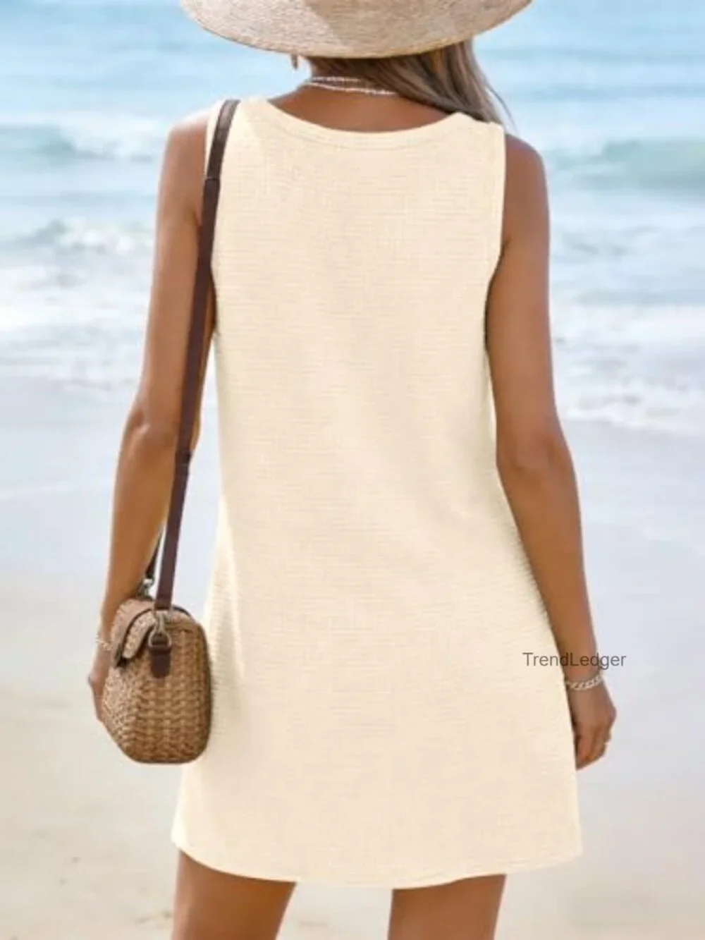 Waffle Knit V Neck Sleeveless Beach Cover Up Dress with Pockets